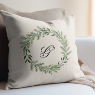 Custom Photo Monogram Pine Wreath Christmas gift Cushion