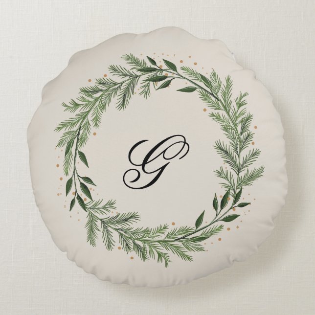 Custom Photo Monogram Pine Wreath Christmas Home Round Cushion (Back)