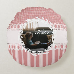 Custom Photo Monogram Pink Round Accent Pillow