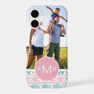 Custom Photo & Monogram Pink & Teal Elephants