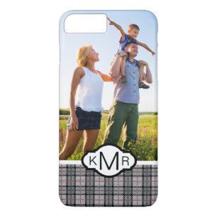 Custom Photo & Monogram Pixel Plaid in Grey & Red iPhone 8 Plus/7 Plus Case