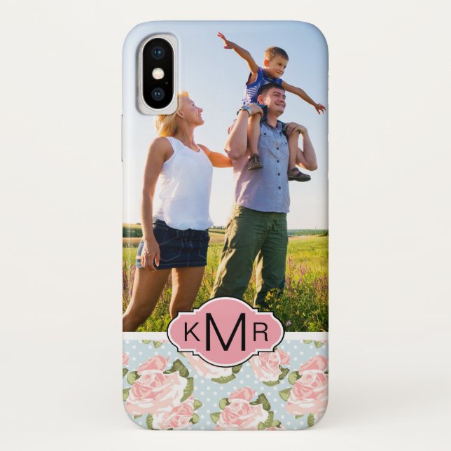 Custom Photo & Monogram roses with blue polka dots Case-Mate iPhone Case (Back)