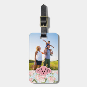 Custom Photo & Monogram roses with blue polka dots Luggage Tag