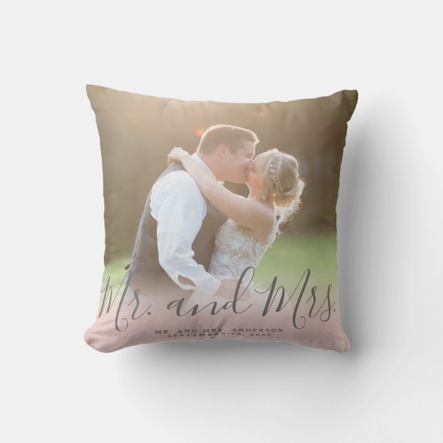 Custom Photo Mr and Mrs Pink Grey Script Wedding Cushion (Front)