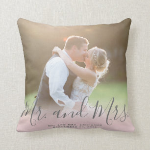 Custom Photo Mr and Mrs Pink Grey Script Wedding Cushion