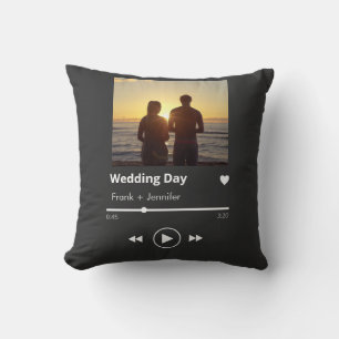 Custom photo music playlist modern couples wedding cushion