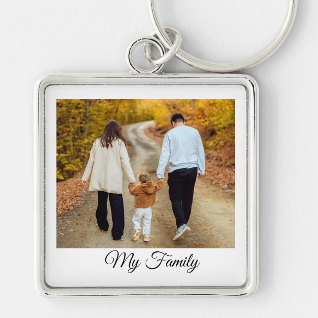 Custom Photo My Family Elegant Script Keychain (Front)