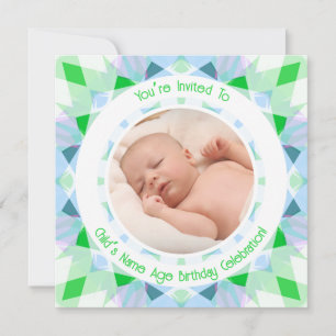 Custom Photo Name Age Blue Green Birthday Star Invitation