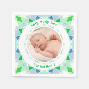 Custom Photo Name Age Blue Green Birthday Star Napkin