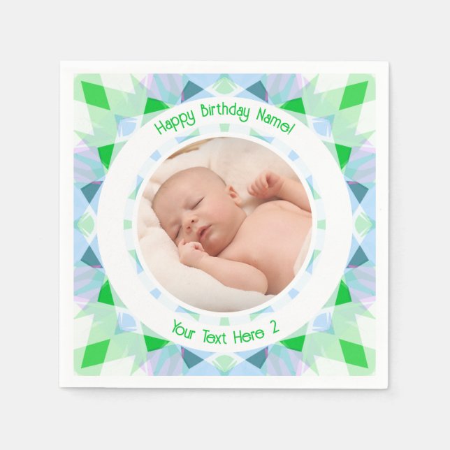 Custom Photo Name Age Blue Green Birthday Star Napkin (Front)