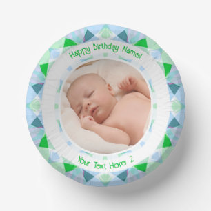 Custom Photo Name Age Blue Green Birthday Star Paper Plate