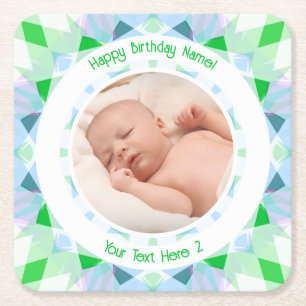 Custom Photo Name Age Blue Green Birthday Star Square Paper Coaster
