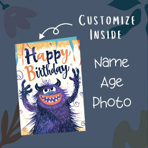 Custom Photo Name Age Cute Monster Illustration Card