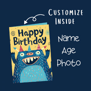 Custom Photo Name Age Cute Monster Illustration Card