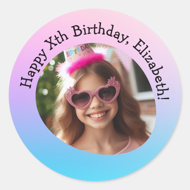 Custom Photo Name & Age Happy Birthday Gradient  Classic Round Sticker (Front)
