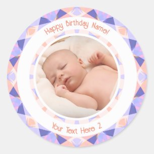 Custom Photo Name Age Pink Purple Birthday Star Classic Round Sticker