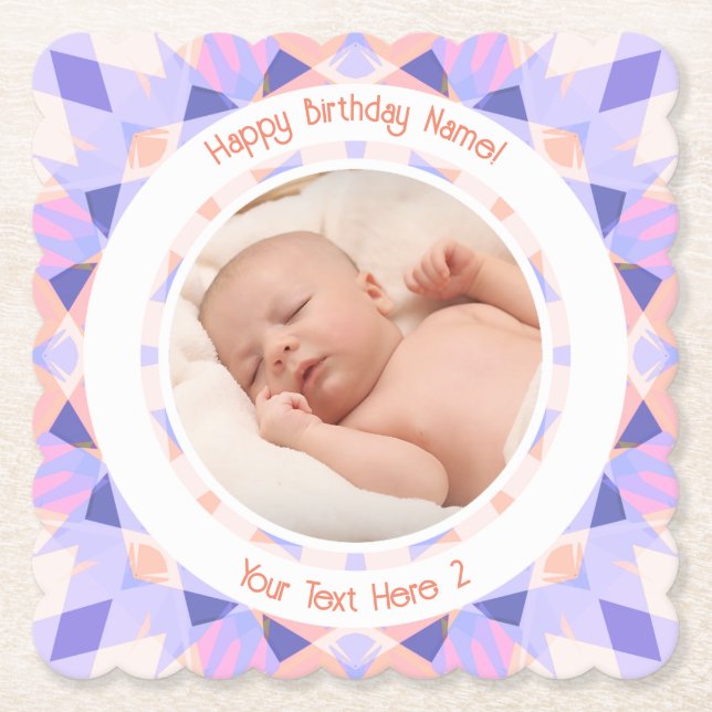 Custom Photo Name Age Pink Purple Birthday Star Paper Coaster (Front)
