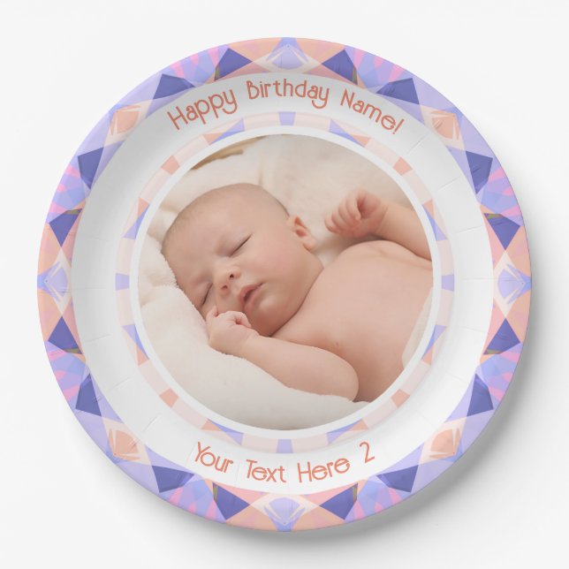 Custom Photo Name Age Pink Purple Birthday Star Paper Plate (Front)