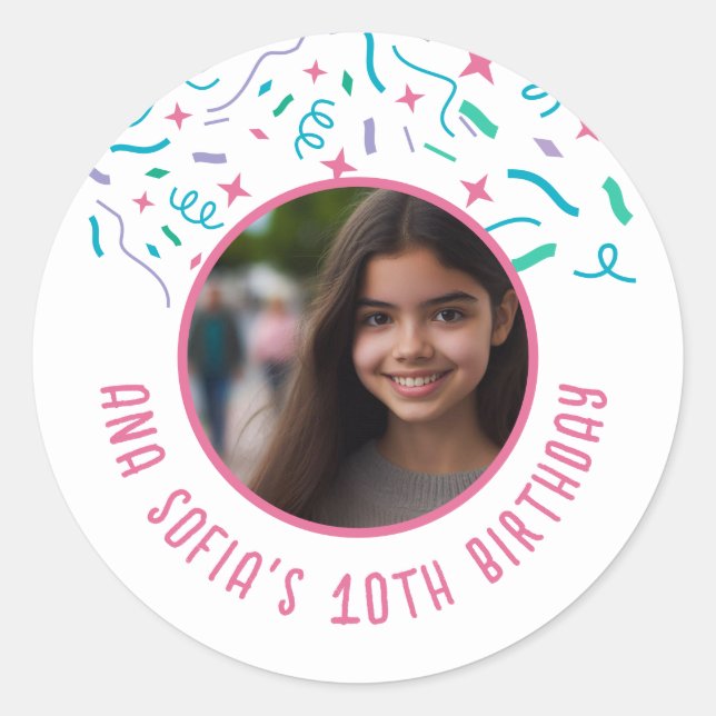Custom Photo Name Any Age Confetti Birthday  Classic Round Sticker (Front)