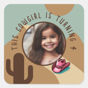 Custom Photo Name Any Age Cowgirl Theme Birthday  Square Sticker