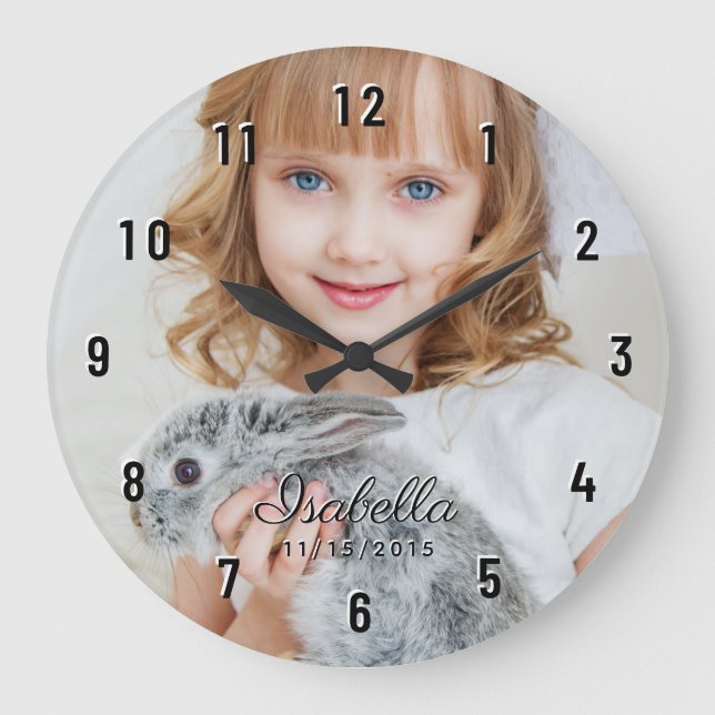 Custom Photo Name Birth Date Black Numbers Large Clock (Front)