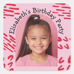 Custom Photo Name Birthday Party Arch Doodles Square Sticker
