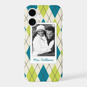 Custom Photo & Name Blue And Green Argyle