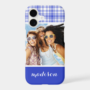 Custom Photo & Name Blue White Plaid 2