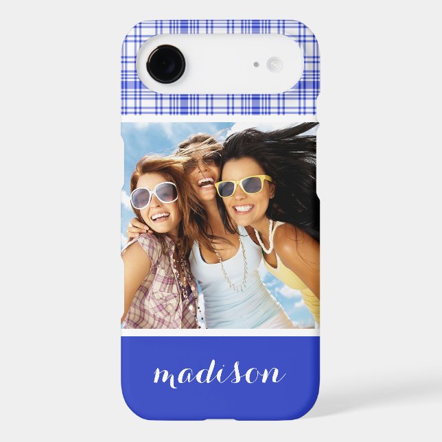 Custom Photo & Name Blue White Plaid 2 Case-Mate iPhone Case (Back)