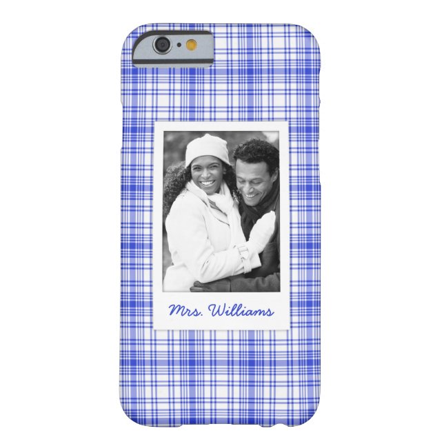 Custom Photo & Name Blue White Plaid 2 Case-Mate iPhone Case (Back)