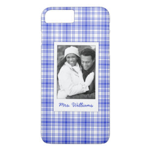 Custom Photo & Name Blue White Plaid 2 iPhone 8 Plus/7 Plus Case