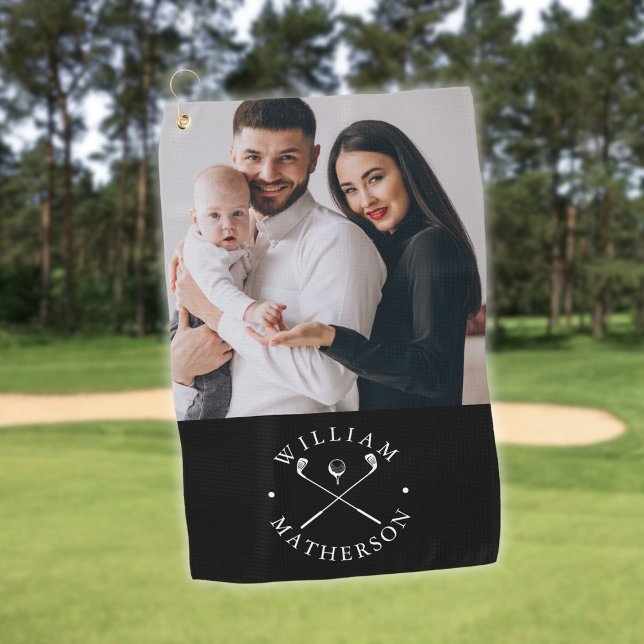 Custom Photo Name Clubs And Ball Black And White Golf Towel (Custom Photo Name Clubs And Ball Black And White Golf Towel)