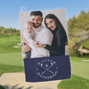 Custom Photo Name Clubs And Ball Navy Blue White Golf Towel