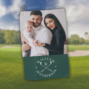 Custom Photo Name Clubs Ball Emerald Green White Golf Towel