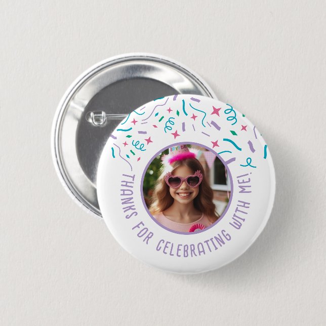 Custom Photo Name Confetti Birthday Thank You  6 Cm Round Badge (Front & Back)