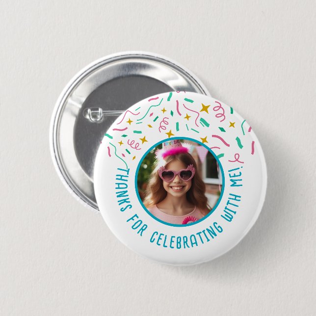 Custom Photo Name Confetti Birthday Thank You  6 Cm Round Badge (Front & Back)