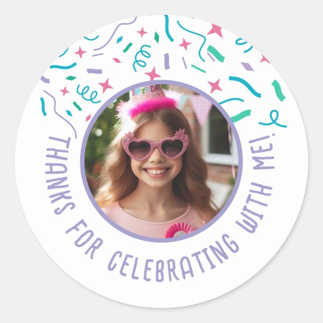 Custom Photo Name Confetti Birthday Thank You  Classic Round Sticker (Front)