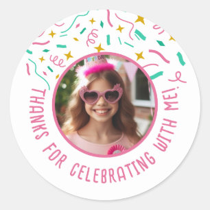 Custom Photo Name Confetti Birthday Thank You  Classic Round Sticker