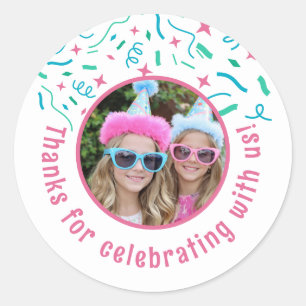 Custom Photo Name Confetti Birthday Thank You  Classic Round Sticker