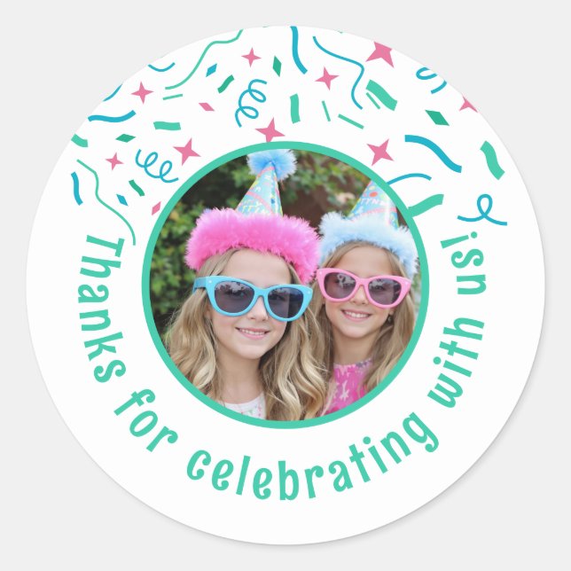Custom Photo Name Confetti Birthday Thank You  Classic Round Sticker (Front)