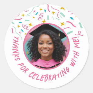 Custom Photo Name Confetti Graduation Thank You  Classic Round Sticker