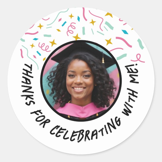 Custom Photo Name Confetti Graduation Thank You  Classic Round Sticker (Front)