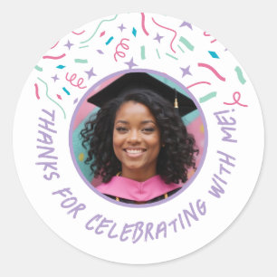 Custom Photo Name Confetti Graduation Thank You Classic Round Sticker