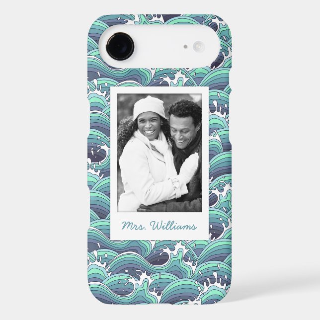 Custom Photo & Name Decorative Sea Wave Background Case-Mate iPhone Case (Back)