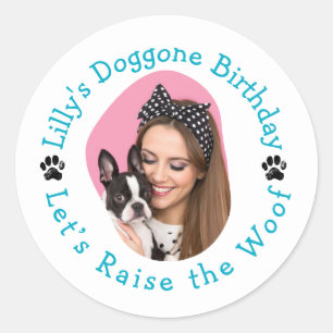 Custom Photo Name Doggone Birthday Party Classic Round Sticker