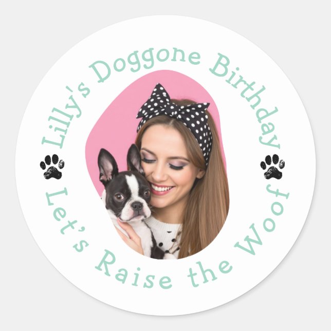 Custom Photo Name Doggone Birthday Party Classic Round Sticker (Front)