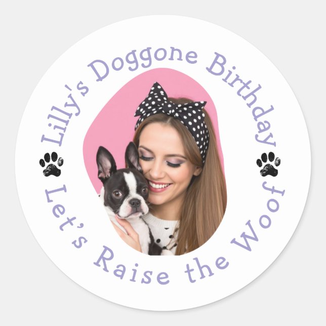Custom Photo Name Doggone Birthday Party Classic Round Sticker (Front)