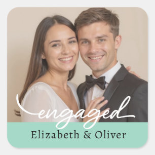 Custom Photo Name Engagement Modern Script Square Sticker