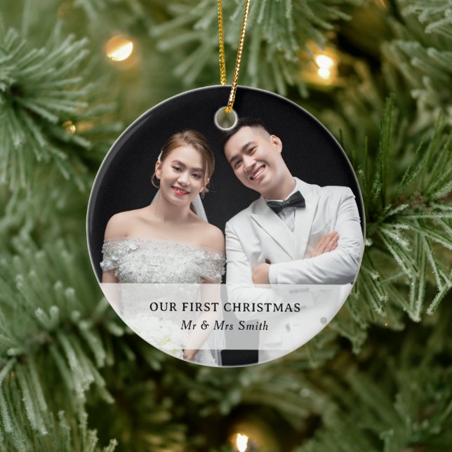 Custom Photo & Name First Christmas As Mr. & Mrs Ceramic Tree Decoration (Tree)