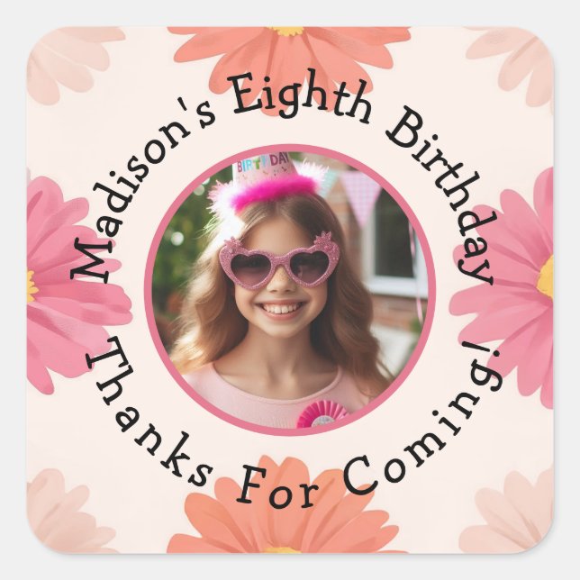 Custom Photo Name Floral Birthday Thank You Square Sticker (Front)